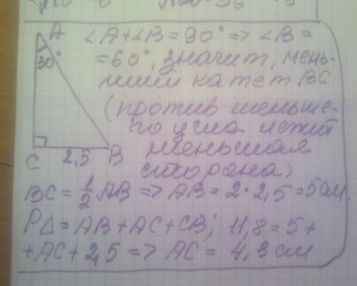 2. В прямоугольном треугольнике ∆ABC, один из углов 300, маленький катет равен 2,5 сантиметра. Найди