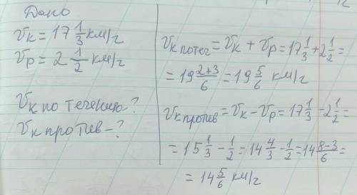 ￼￼собственная скорость катера 17 1/3 км/ч . Скорость течения реки 2 1/2 км/ч. Вычисли скорость катер
