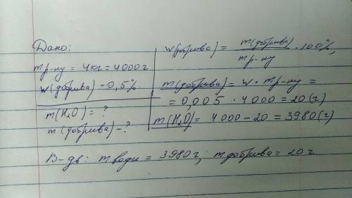 які маси добрива та води потрібно взяти для приготування 4 кг розчину з масовою часткою добрива 0,5%