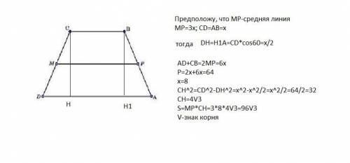 ABCD, показанный на рисунке ниже, является равносторонним. Периметр трапеции 64 см, D = 60 °. Если D