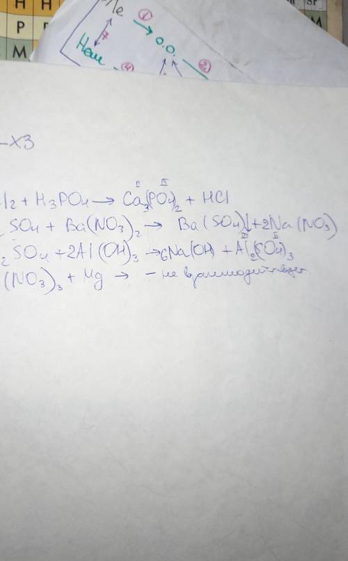 Дописать уравнения реакций : а) CaCl₂+H₃Po₄ ⇒ b) Na₂ SO₄ + Ba (NO₃)₂⇒ c)Na₂SO₄+Al(OH)₃⇒ d) Al(NO₃)₃+