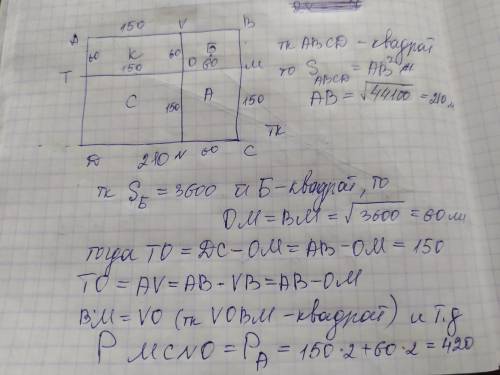 В городе N парк имеет форму квадрата, его площадь равна 44 100 м. Он разделён на 4 части, которые за