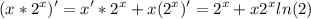 \displaystyle ( x*2^x)' = x'*2^x+x(2^x)' = 2^x+x2^xln(2)