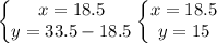 \left\{\begin{matrix}x=18.5\\ y=33.5-18.5\end{matrix}\right.\left\{\begin{matrix}x=18.5\\ y=15\end{matrix}\right.