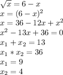 \sqrt{x}=6-x\\x=(6-x)^2\\x=36-12x+x^2\\x^2-13x+36=0\\x_{1} +x_{2} =13\\x_{1} * x_{2} =36\\x_{1} = 9\\x_{2}=4