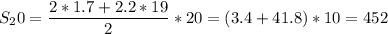 \displaystyle S_20=\frac{2*1.7+2.2*19}{2} *20=(3.4+41.8)*10=452