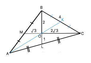 В треугольнике ABC медианы CM=3√3 см и BL=3 см пересекаются в точке О. найдите площадь треугольника