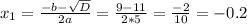 x_{1} =\frac{-b-\sqrt{D} }{2a} =\frac{9-11}{2*5} =\frac{-2}{10} =-0.2\\