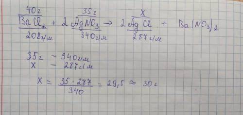 Сколько получится хлорида серебра при взаимодействии 40 г хлорида бария и 35 г нитрата серебра?