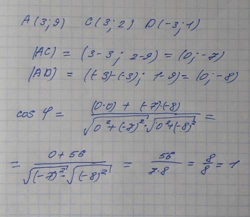 Даны точки А(3; 9), С(3; 2) и D( -3; 1). Найдите косинус угла между векторами АС и АD. ответ вводить