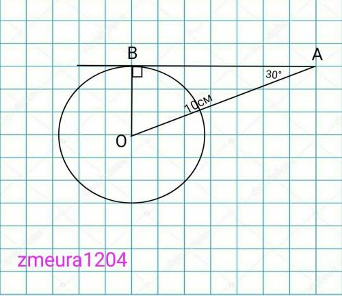 B- точка дотику дотичної AB і кола з центром O. OAB=30°. Знайдіть діаметр кола, якщо відстань від то