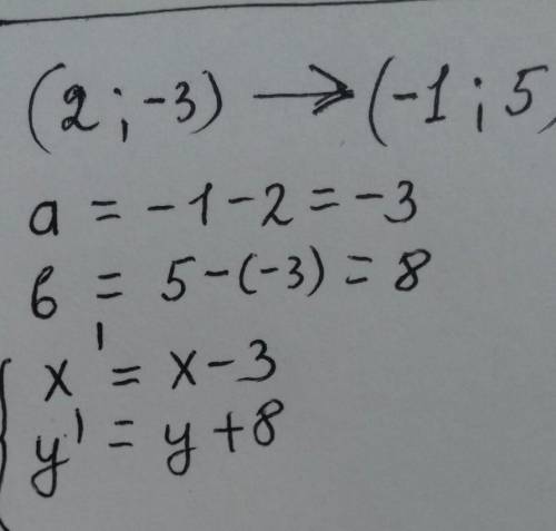 знайдіть значення а і б в формулах паралельного перенесення x'=x+2 , y'=y +b , якщо точка (2,-3) пер