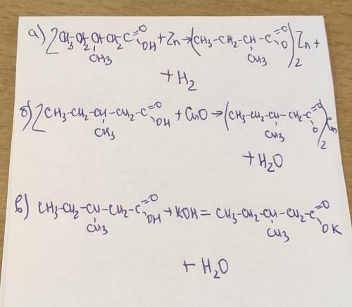 Написать уравнения реакций взаимодействия 3- метилпентановой кислоты с:- цинком- оксидом меди (II)-