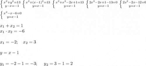 \left \{ {{x^2+y^2=13} \atop {y-x=-1}} \right. \left \{ {{x^2+(x-1)^2=13} \atop {y=x-1}} \right. \left \{ {{x^2+x^2-2x+1=13} \atop {y=x-1}} \right. \left \{ {{2x^2-2x+1-13=0} \atop {y=x-1}} \right. \left \{ {{2x^2-2x-12=0} \atop {y=x-1}} \right. \\ \\ \left \{ {{x^2-x-6=0} \atop {y=x-1}} \right. \\ \\ x_1+x_2=1 \\ x_1\cdot x_2=-6 \\ \\ x_1=-2; \ \ \ x_2=3 \\ \\ y=x-1 \\ \\ y_1=-2-1=-3; \ \ \ \ y_2 =3-1=2