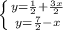 \left \{ {{y=\frac{1}{2} + \frac{3x}{2} } \atop {y=\frac{7}{2} } - x} \right.