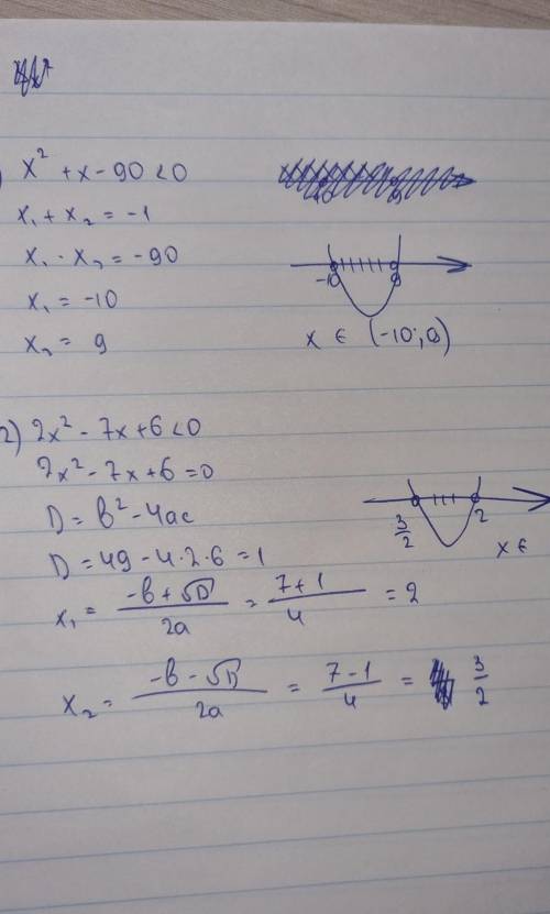 Решите квадратное неравенство: 3) х^2+х-90 <0 5) 2х^2-7х+6 <0 ! Алгебра