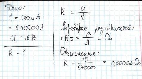 Визначте опір ділянки по якій протікає струм 570мА якщо до ноеї прикладена напруга 15В