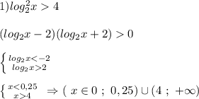 1)log_{2}^{2}x4\\\\(log_{2}x-2)(log_{2}x+2)0\\\\\left \{ {{log_{2}x2 }} \right. \\\\\left \{ {{x4}} \right. \ \Rightarrow (\ x\in{0 \ ; \ 0,25)\cup(4 \ ; \ +\infty)