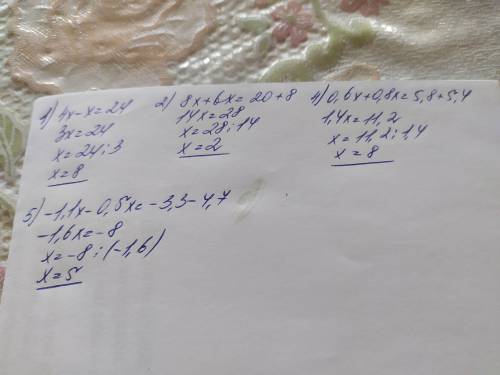 207. Розв'яжіть рівняння: 1) 4x = 24+x;2) 8x -8=20-6x;4) 0,6x -5,4 = -0,8% +5,8;5) 4,7-1,1x = 0,5х –