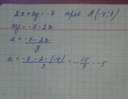 При якому значенні аграфік рівняння 2х + ay = -7проходить через точку А(- 4; 3) ​