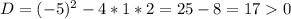 D = (-5)^{2} - 4 * 1 * 2 = 25 - 8 = 17 0