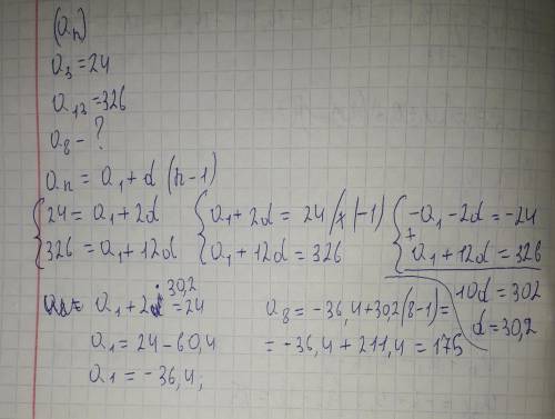 Знайдіть 8-й член арифметичної прогресії, якщо задно 3-й і 13-й члени а3=24, а13=326​