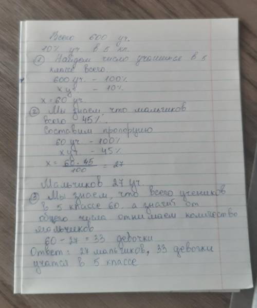 Всего в школе 600 учащихся. 10 % учащихся в школе учатся в 5 классах, и 45 % учащихся в 5 классах со