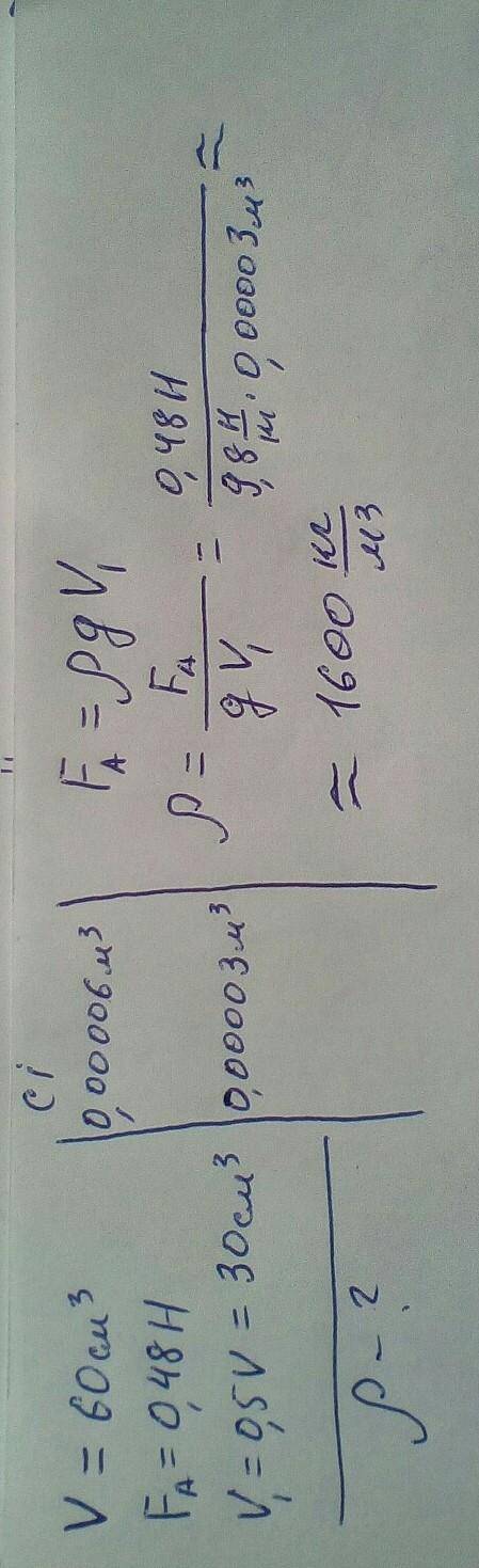 На тело, що має обем 60см³, действует сила Архімеда 0,48 Н. Какую плотность имеет жидкость, если тел