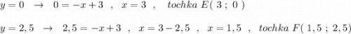 y=0\ \ \to \ \ 0=-x+3\ \ ,\ \ x=3\ \ ,\ \ \ tochka\ E(\ 3\ ;\ 0\ )\\\\y=2,5\ \ \to \ \ 2,5=-x+3\ \ ,\ \ x=3-2,5\ \ ,\ \ x=1,5\ \ ,\ \ tochka\ F(\ 1,5\ ;\ 2,5)