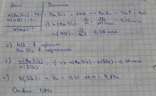 определите объем выделяющегося газа, если в реакцию вступает 76г сульфит бария и соляная кислота мас