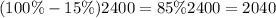 (100\% - 15\%)2400 =85\%2400 = 2040