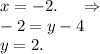 x=-2.\ \ \ \ \Rightarrow\\-2=y-4\\y=2.