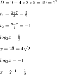 D=9+4*2*5=49=7^2\\\\t_1=\frac{3+7}{4}=\frac{5}{2}\\\\t_2=\frac{3-7}{4}=-1\\\\log_2x=\frac{5}{2}\\\\x=2^{\frac{5}{2} }=4\sqrt{2} \\\\log_2x=-1\\\\x=2^{-1}=\frac{1}{2}