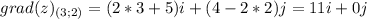 \displaystyle grad (z)_{(3;2)} = (2*3+5)i +(4-2*2)j=11i +0j