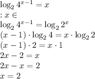 \log_{2} {4}^{x - 1} = x \\ ОДЗ:x \in \: \R \\ \log_{2} {4}^{x - 1} = \log_{2} {2}^{x} \\ (x - 1) \cdot \log_{2} {4} = x \cdot \log_{2} {2} \\ (x - 1) \cdot2 = x \cdot1 \\ 2x - 2 = x \\2x - x = 2 \\ x = 2