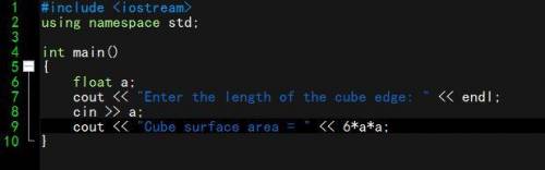 Написать программу вычисления площади поверхности куба через длину ребра (S = 6 ⋅ a2)
