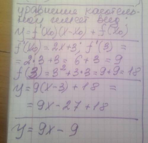 Напишіть рівняння дотичної до графіка функції f(x)=x²+3x у точці з абсцисою x0=3​