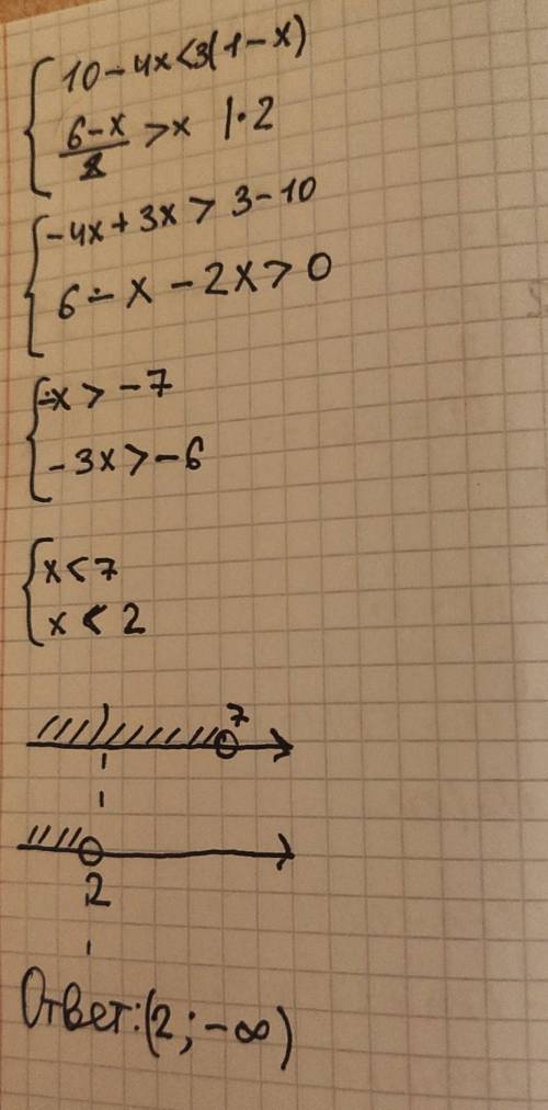 Найдите целые решения системы неравенств 10-4x<3(1-x) 6-х/2>х / - черта дроби Награда за решен