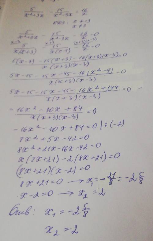 решить уравнение 5/x²+3x - 15/x²-3x =16/x