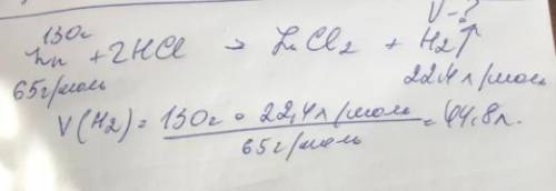 Обчисліть об'єм газу,який виділиться при взаємодії 130г цинку з хлоридною кислотою !​