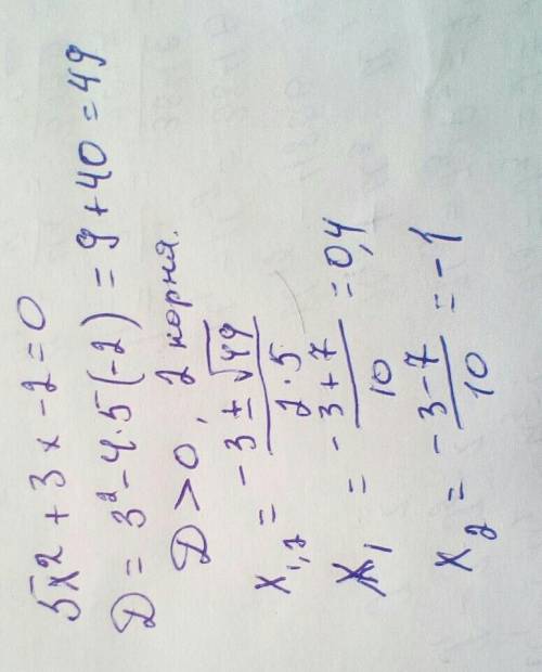 Скільки коренів має рівняння 5x^2+3x-2=0