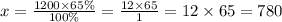 x = \frac{1200 \times 65\%}{100\%} = \frac{12 \times 65}{1} = 12 \times 65 = 780