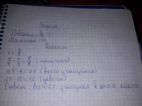 4/9 всех учашихся класса состовляют девочки, сколько всего учашихся в этом классе, есле в этом класс