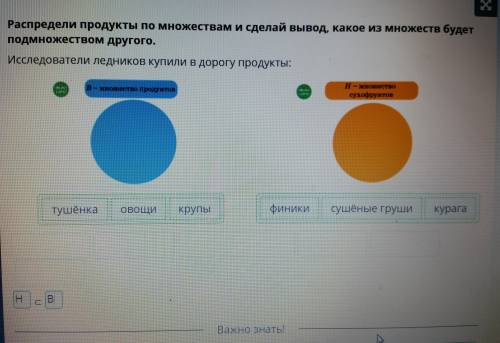 Х Распредели продукты помножествам и сделай вывод, какоеиз множеств будет подмножествомдругого.Иссле