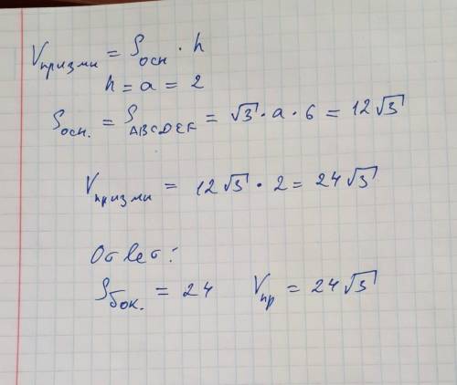 Боковыми гранями правильной шестиугольной призмы является квадраты , основания равна 2 см .Вычислите