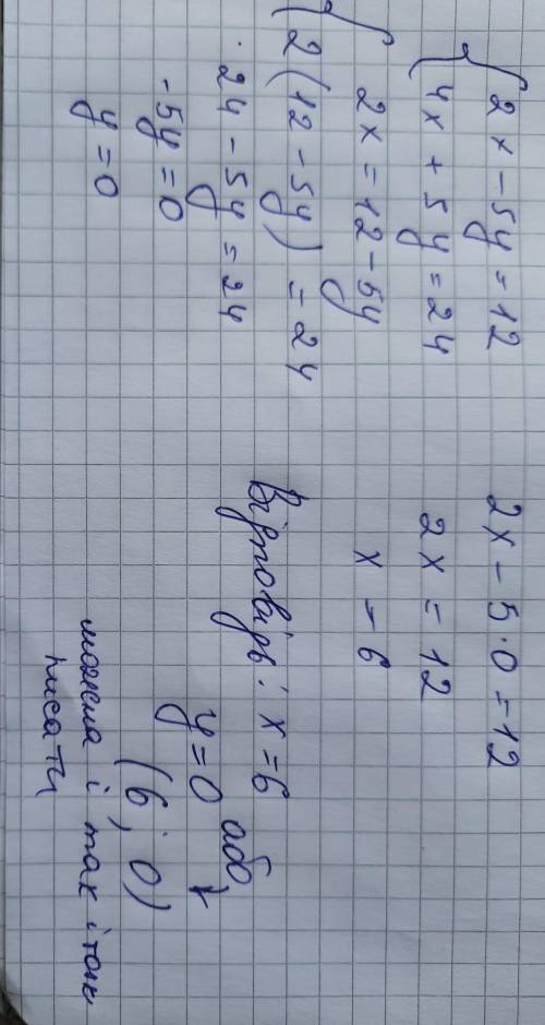 Розв’яжіть систему рівнянь підстановки 2x-5y=12 і 4x+5y=24