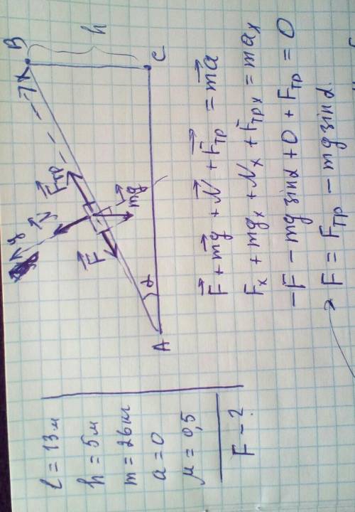 На похилій площині довжиною 13 м і висотою 5 м лежить вантаж масою      26 кг. Яку силу треба прикла