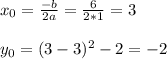 x_{0}=\frac{-b}{2a}=\frac{6}{2*1}=3\\\\y_{0}=(3-3)^2-2=-2