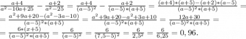 \frac{a+4}{a^2-10a+25}-\frac{a+2}{a^2-25} =\frac{a+4}{(a-5)^2}-\frac{a+2}{(a-5)*(a+5)}=\frac{(a+4)*(a+5)-(a+2)*(a-5)}{(a-5)^2*(a+5)} =\\=\frac{a^2+9a+20-(a^2-3a-10)}{(a-5)^2*(a+5)}=\frac{a^2+9a+20-a^2+3a+10}{(a-5)^2*(a+5)} =\frac{12a+30}{(a-5)^2*(a+5)}=\\=\frac{6*(x+5)}{(a-5)^2*(a+5)}=\frac{6}{(a-5)^2}= \frac{6}{(7,5-5)^2}=\frac{6}{2,5^2}=\frac{6}{6,25}=0,96.