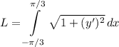 \displaystyle L=\int\limits^{\pi /3}_{-\pi /3} {\sqrt{1+(y')^2} } \, dx